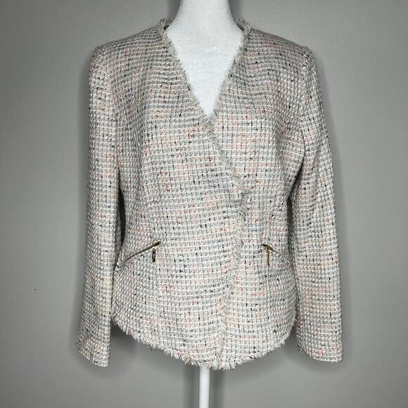 MNG by Mango Women's Tweed Speckled Blazer Coat Jacket Size 8 Asymmetrical Zip - Picture 1 of 12
